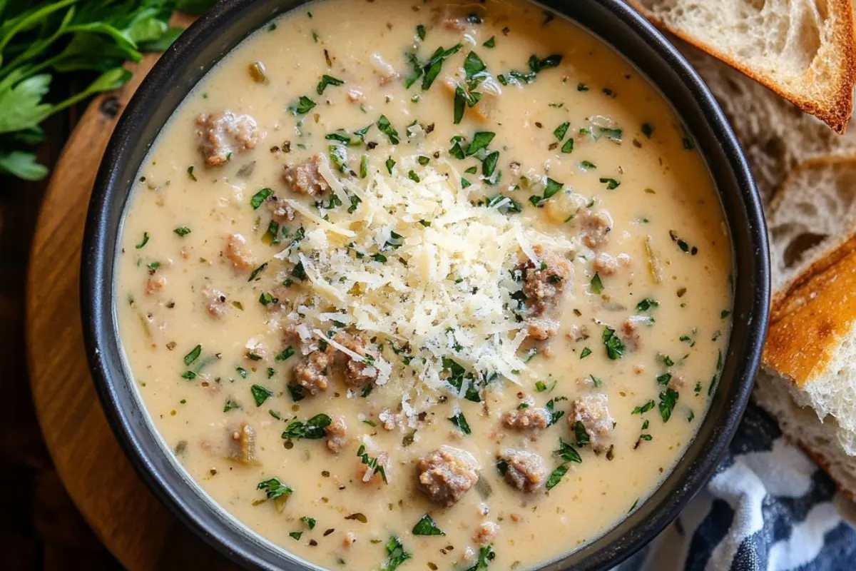 creamy Italian sausage soup, parmesan sausage soup, Italian sausage creamy soup, creamy sausage soup, sausage and parmesan soup