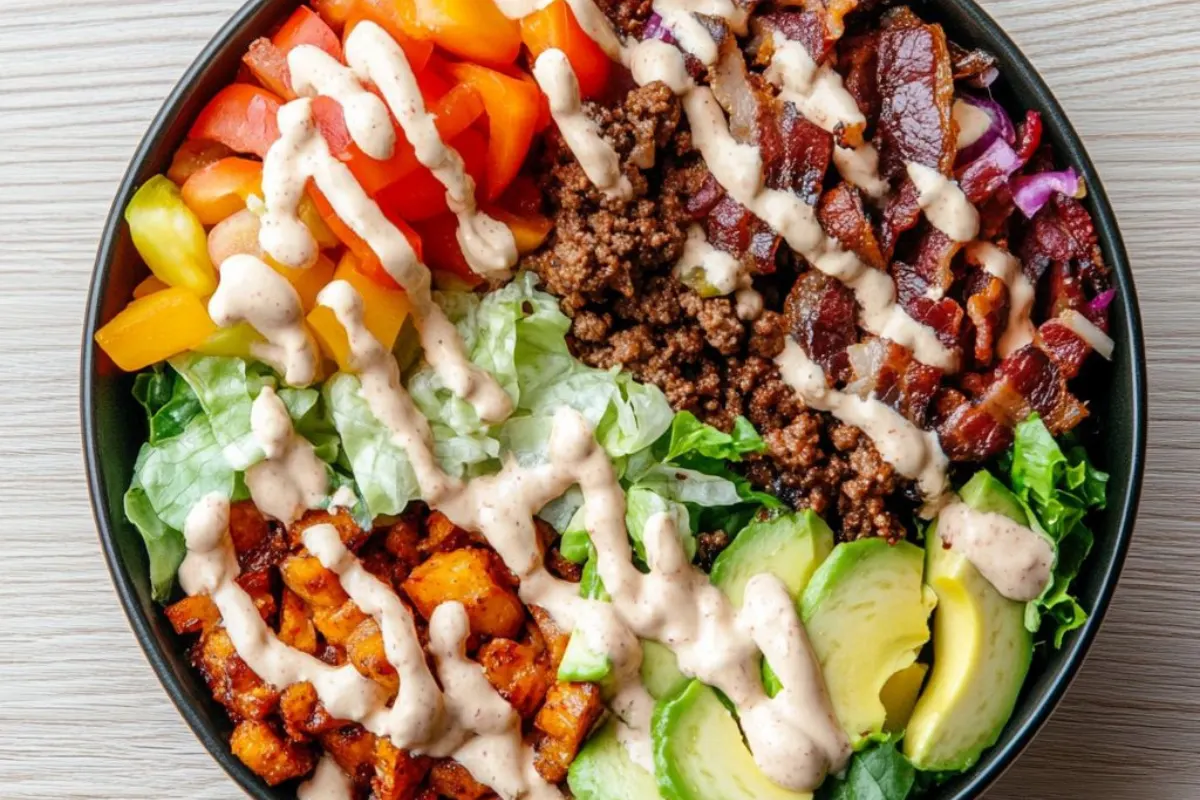 burger bowl, burger salad, healthy burger bowl, customizable burger bowl, bowl burger recipe, easy burger bowl recipe, keto burger bowl, vegan burger bowl recipe