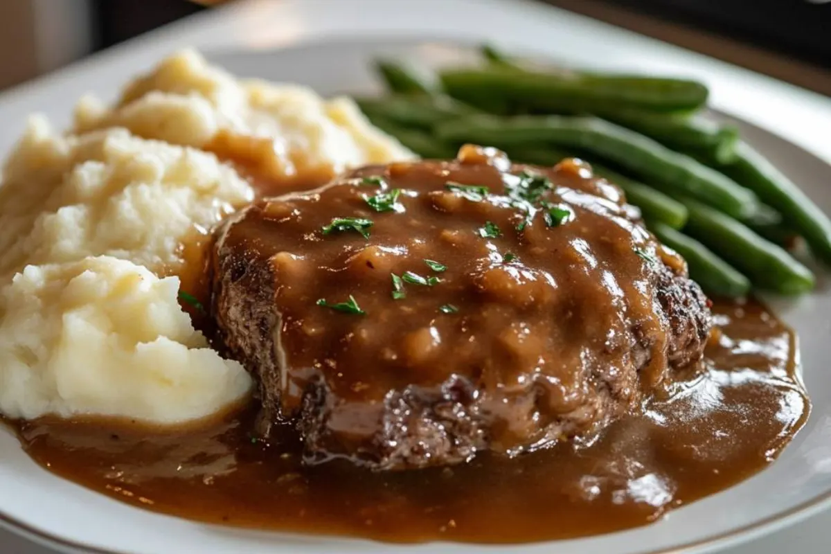 Salisbury steak frozen meal, Banquet frozen dinner, Salisbury steak recipe, comfort food steak, Banquet gravy steak