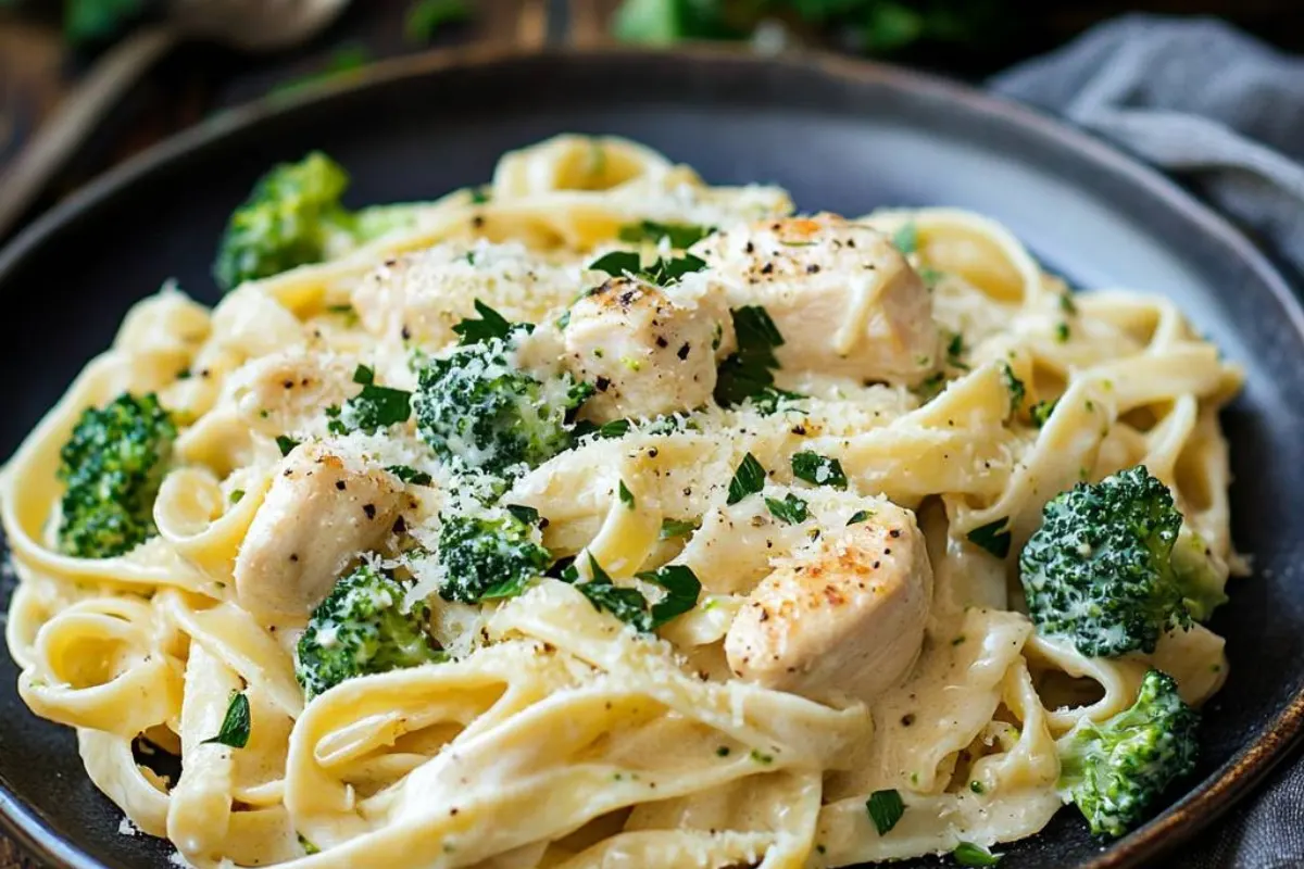 creamy fettuccine alfredo, chicken fettuccine alfredo, broccoli fettuccine alfredo, pasta with chicken and broccoli, chicken alfredo pasta, healthy fettuccine alfredo, broccoli alfredo pasta