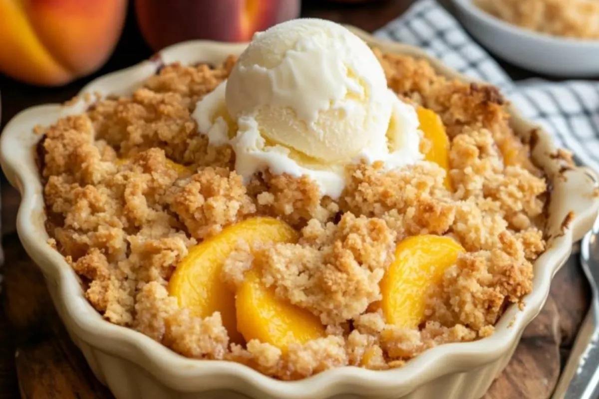 peach dessert, peach crisp recipe, easy peach crumble, homemade peach crumble, peach streusel recipe