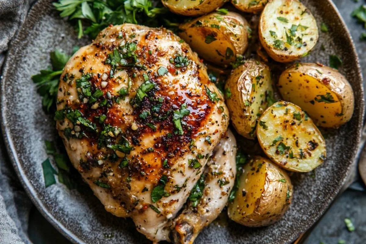 garlic chicken and potatoes, parmesan chicken, garlic parmesan chicken, garlic parmesan roasted potatoes, garlic potatoes recipe