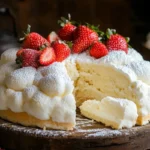 A freshly baked cloud cake dusted with powdered sugar, topped with strawberries, and served on a rustic wooden table.