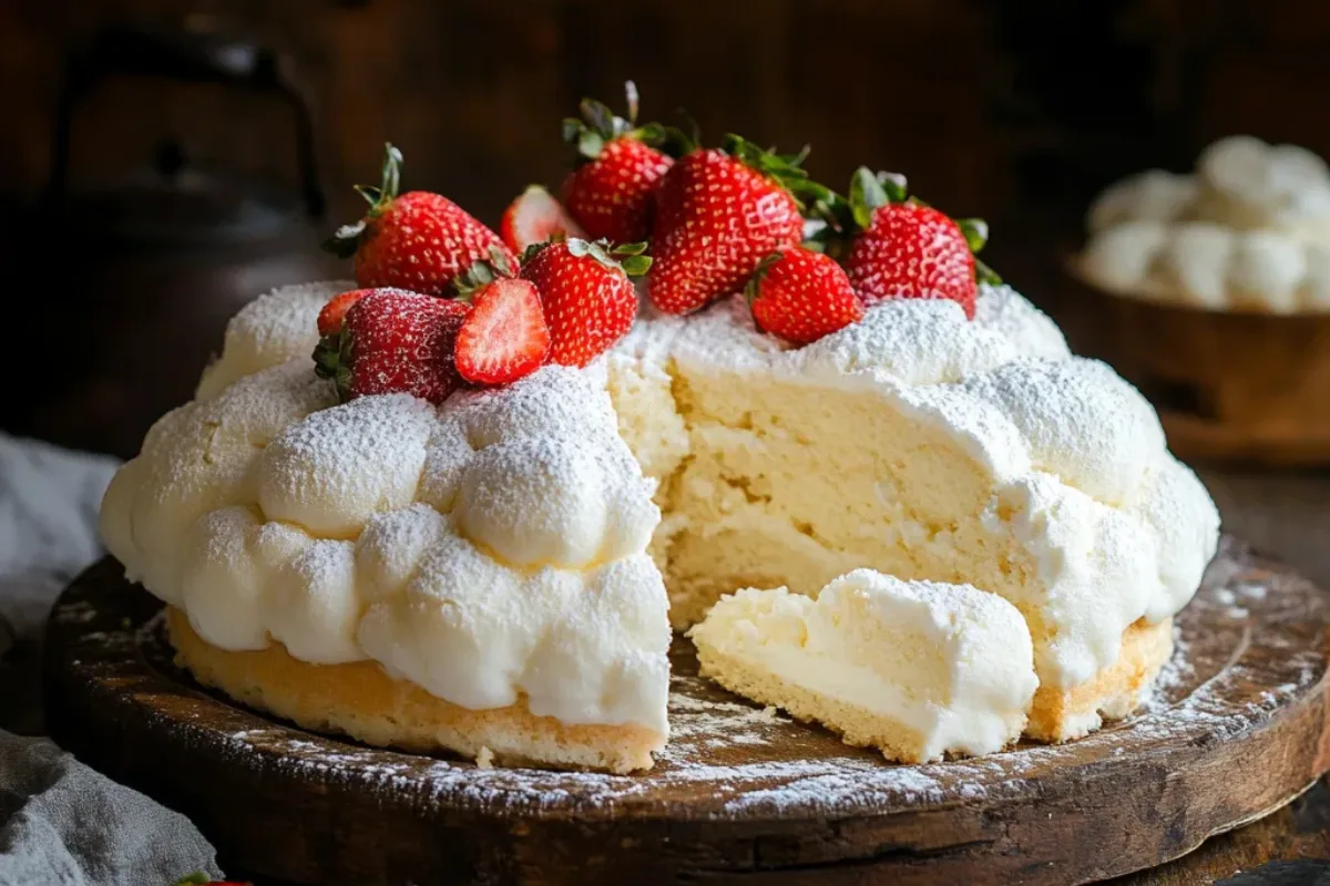 A freshly baked cloud cake dusted with powdered sugar, topped with strawberries, and served on a rustic wooden table.