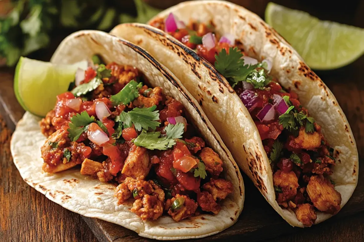 A platter of Chicken Keema Indian Ground Beef Tacos, garnished with cilantro, lime wedges, and fresh salsa.