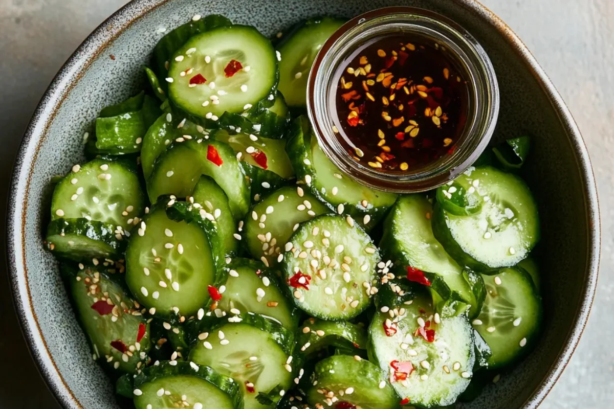 Bright and fresh cucumber salad garnished with sesame seeds and chili flakes, served in a minimalist bowl with soy vinaigrette on the side.