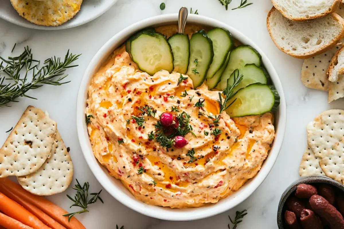 A bowl of creamy, old fashioned pimento cheese surrounded by fresh vegetables, crackers, and slices of bread on a rustic wooden table.