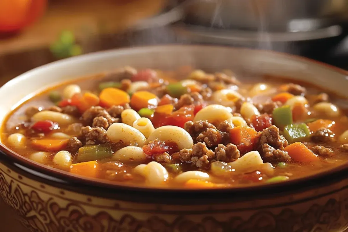 A steaming bowl of busy day soup featuring colorful vegetables, tender macaroni, and ground beef served in a cozy kitchen setting.