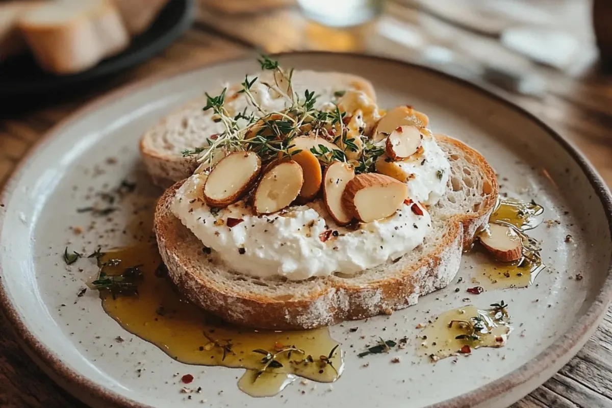 A close-up of Paloma Greenville's artisan bread topped with creamy ricotta and golden Marcona almonds, drizzled with olive oil and garnished with fresh herbs.