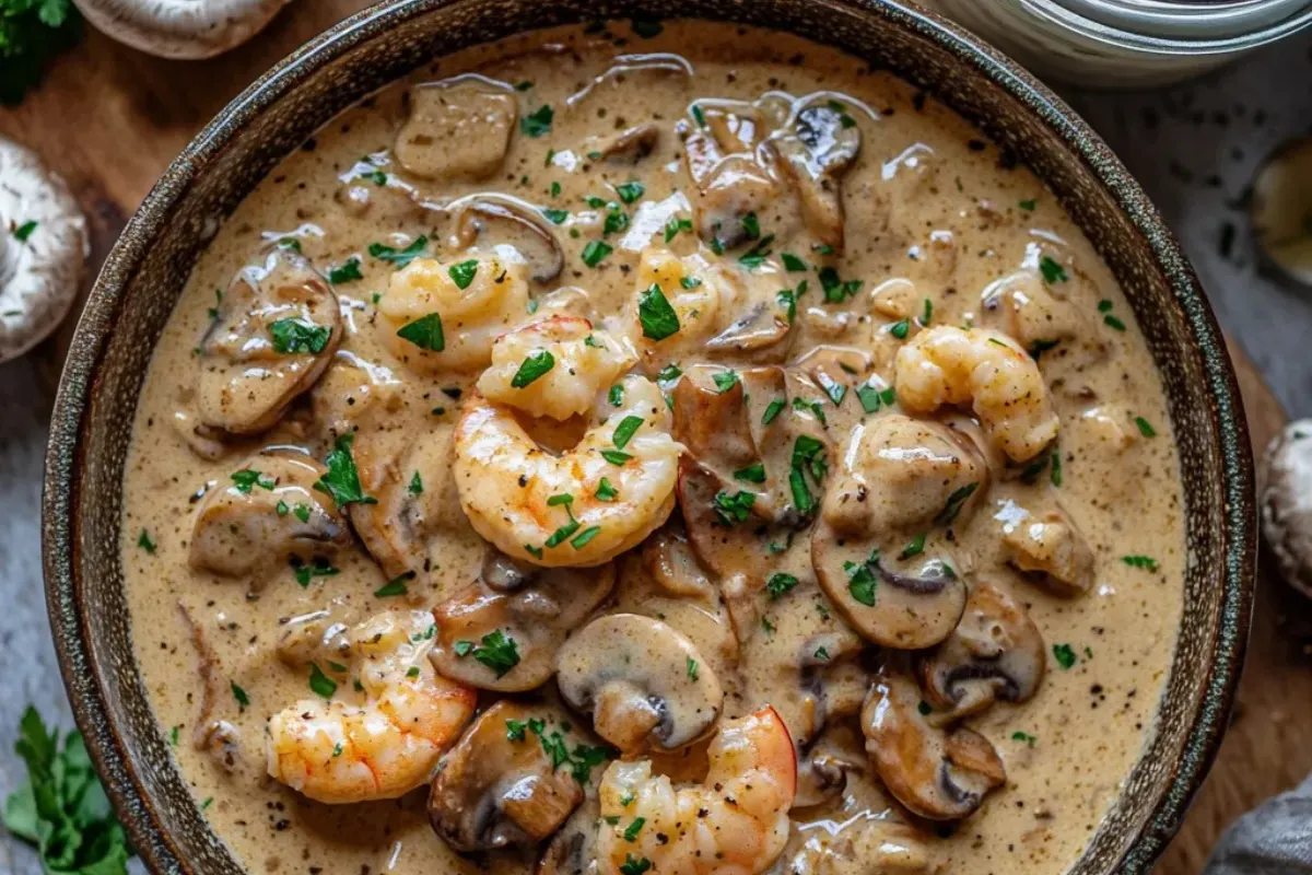 A bowl filled with creamy langostino mushroom sour cream gravy, garnished with fresh parsley, surrounded by mushrooms and langostinos.