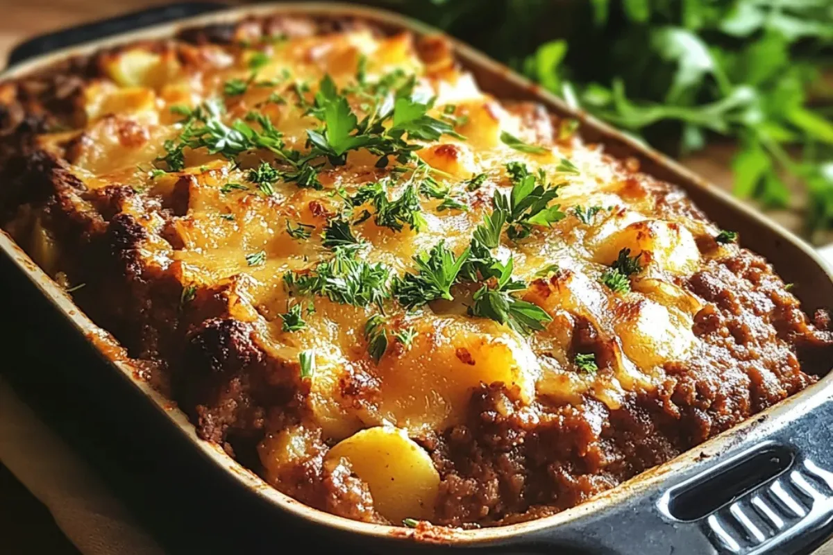 A golden-baked cowboy meatloaf and potato casserole topped with melted cheese and garnished with fresh parsley in a rustic dish.