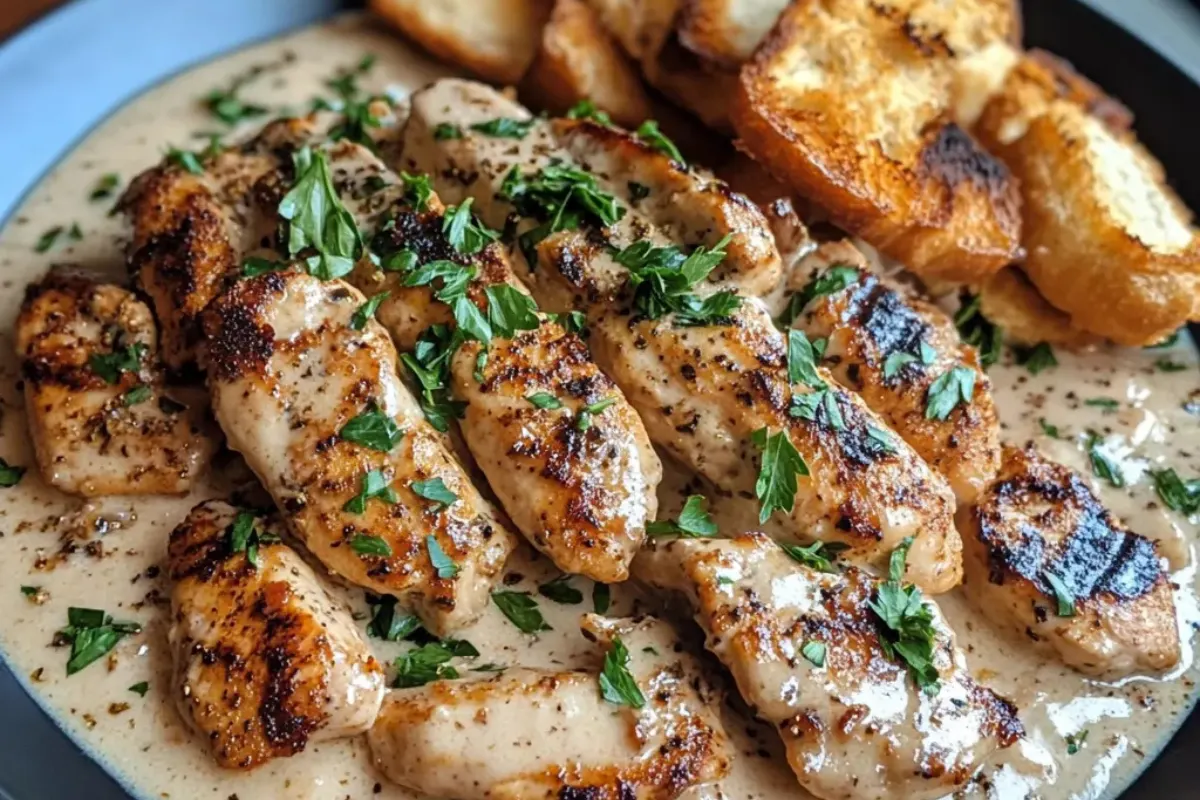 A plate of blackened chicken Alfredo with creamy sauce, garnished with fresh parsley, served with garlic breadsticks.