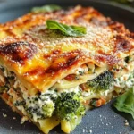 A vibrant serving of lasagnes brocolis ricotta, showcasing golden cheese layers, tender broccoli, and creamy ricotta, garnished with basil.