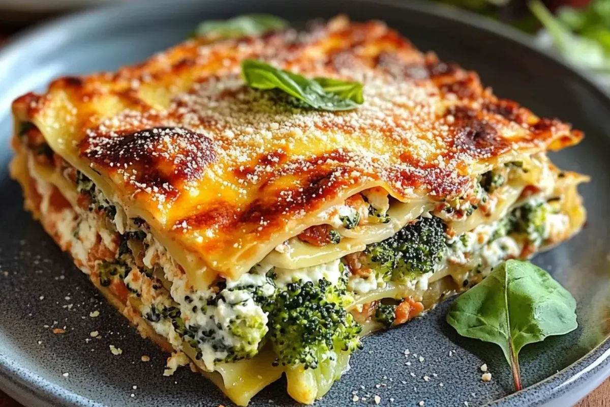 A vibrant serving of lasagnes brocolis ricotta, showcasing golden cheese layers, tender broccoli, and creamy ricotta, garnished with basil.