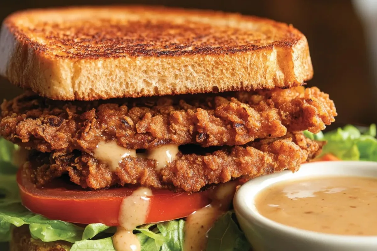 A close-up of a chicken fried steak sandwich featuring golden, crispy fried steak, fresh lettuce, tomato slices, and a toasted bun, served with a side of creamy gravy.