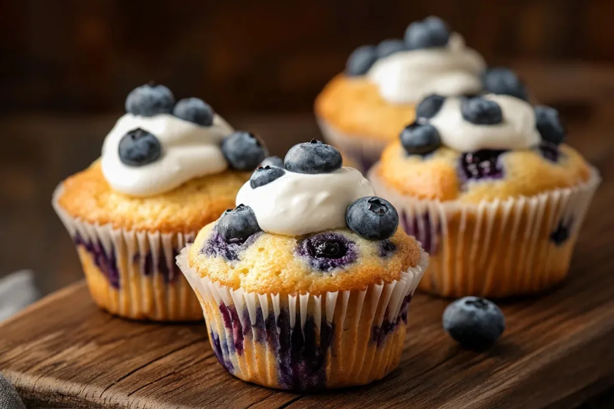 Freshly baked blueberry yogurt muffins served on a wooden tray, garnished with fresh blueberries and a dollop of yogurt on the side.