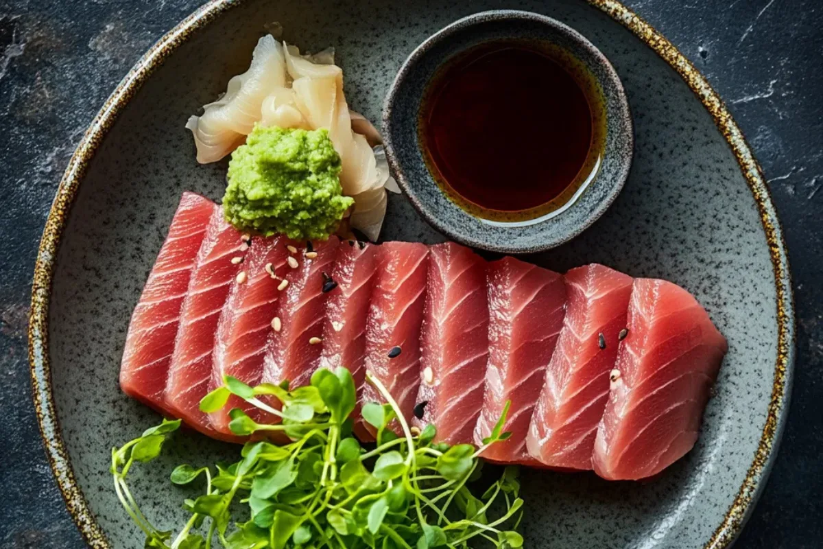 A beautifully plated serving of tuna sashimi featuring thinly sliced raw tuna with wasabi, pickled ginger, and soy sauce on a traditional Japanese plate.