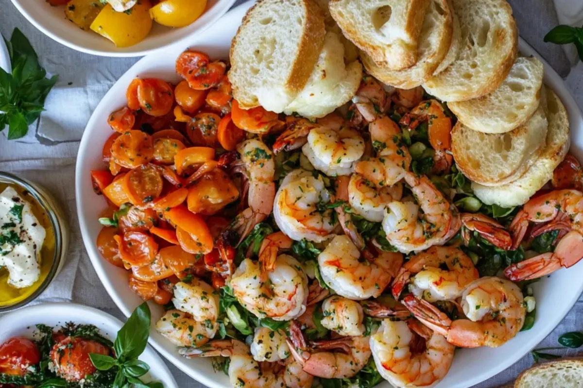 A beautifully plated shrimp scampi dish surrounded by garlic bread, a fresh green salad, and roasted vegetables on a rustic wooden table.