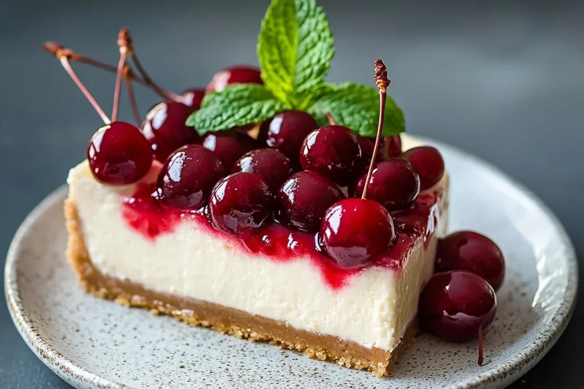 cherry dessert recipe, cheesecake with cherry topping, creamy cherry cheesecake, homemade cherry cheesecake