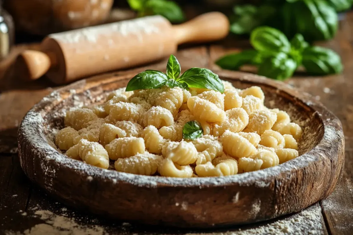 Freshly made homemade cavatelli pasta dusted with flour, arranged on a wooden board with a rolling pin and fresh basil leaves in the background.