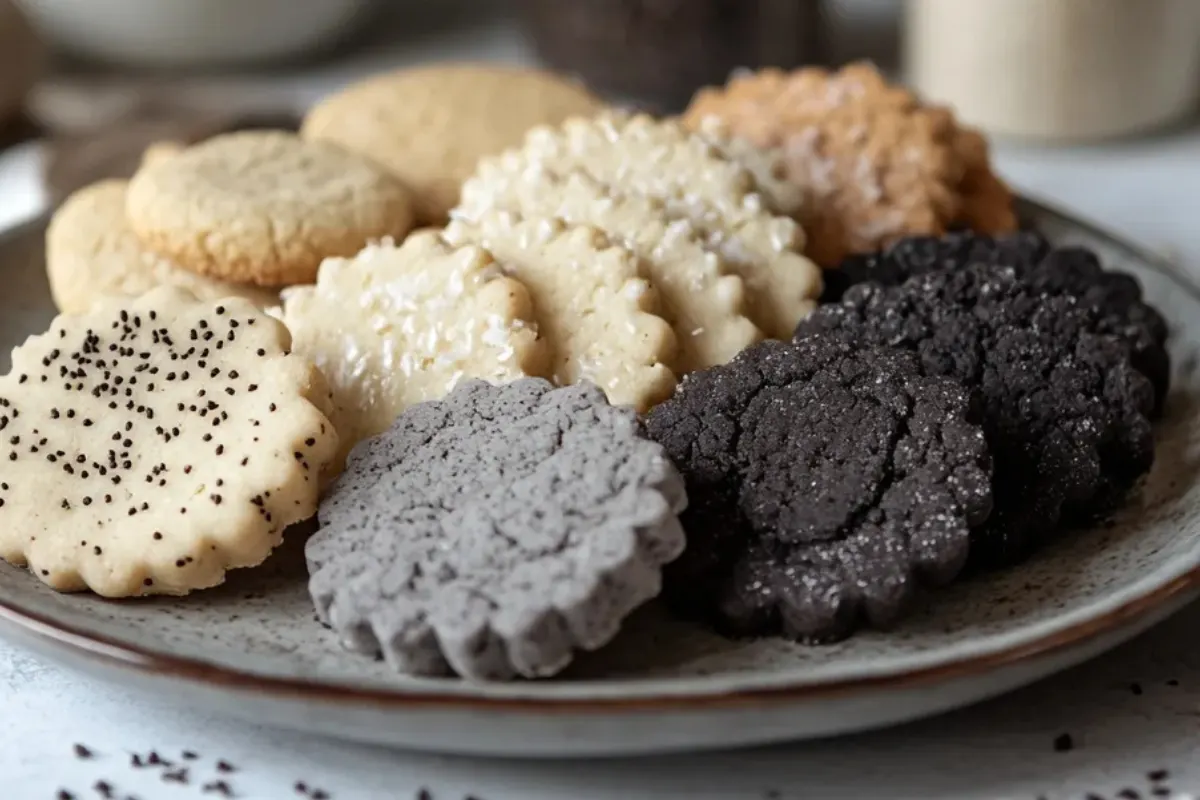 A plate of beautifully arranged grey colored cookies with natural ingredients like black sesame and Earl Grey tea in the background.