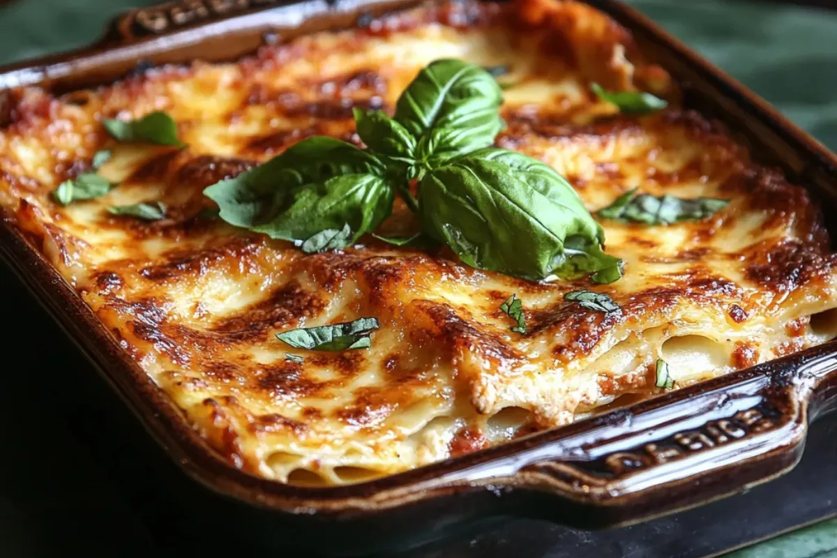 A freshly baked lasagna in a ceramic lasagna pan with golden-brown layers, garnished with fresh basil on a rustic wooden table.