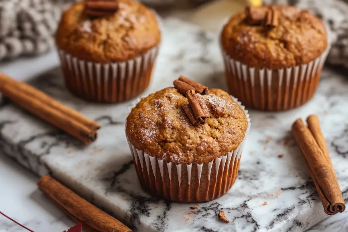 A tray of freshly baked protein pumpkin muffins on a rustic wooden table, surrounded by pumpkins, cinnamon sticks, and autumn leaves.