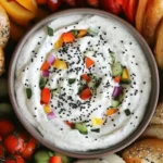 A bowl of creamy bagel dip surrounded by fresh bagel pieces, crackers, and colorful veggies, ready to serve at a party.
