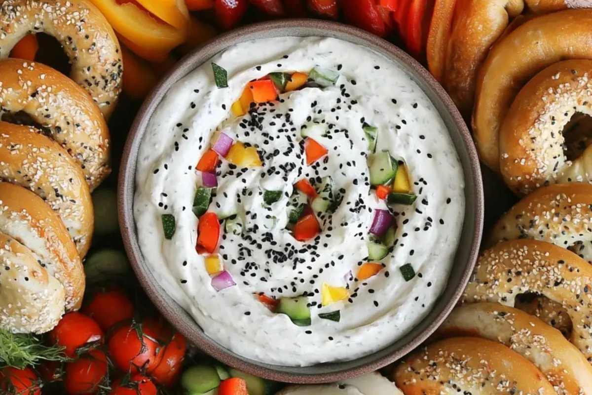 A bowl of creamy bagel dip surrounded by fresh bagel pieces, crackers, and colorful veggies, ready to serve at a party.