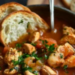 A steaming bowl of Cajun chicken stew served with rice and garnished with fresh parsley