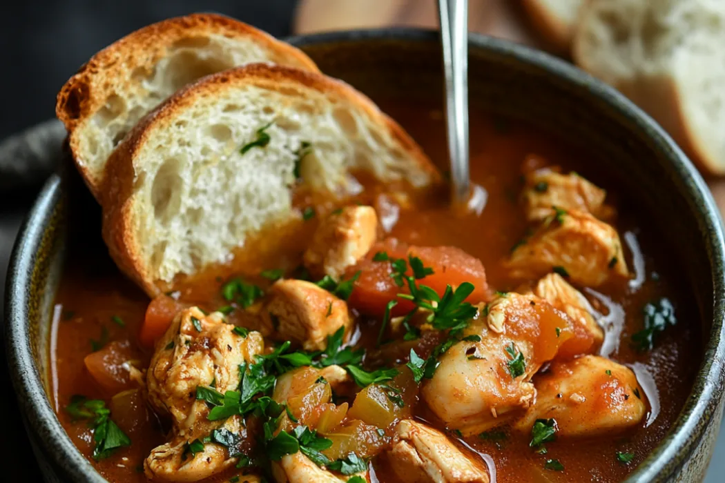 A steaming bowl of Cajun chicken stew served with rice and garnished with fresh parsley