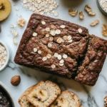 A flat-lay image of healthy baked goods, including banana bread, oat muffins, and flourless brownies, displayed on a rustic wooden table.