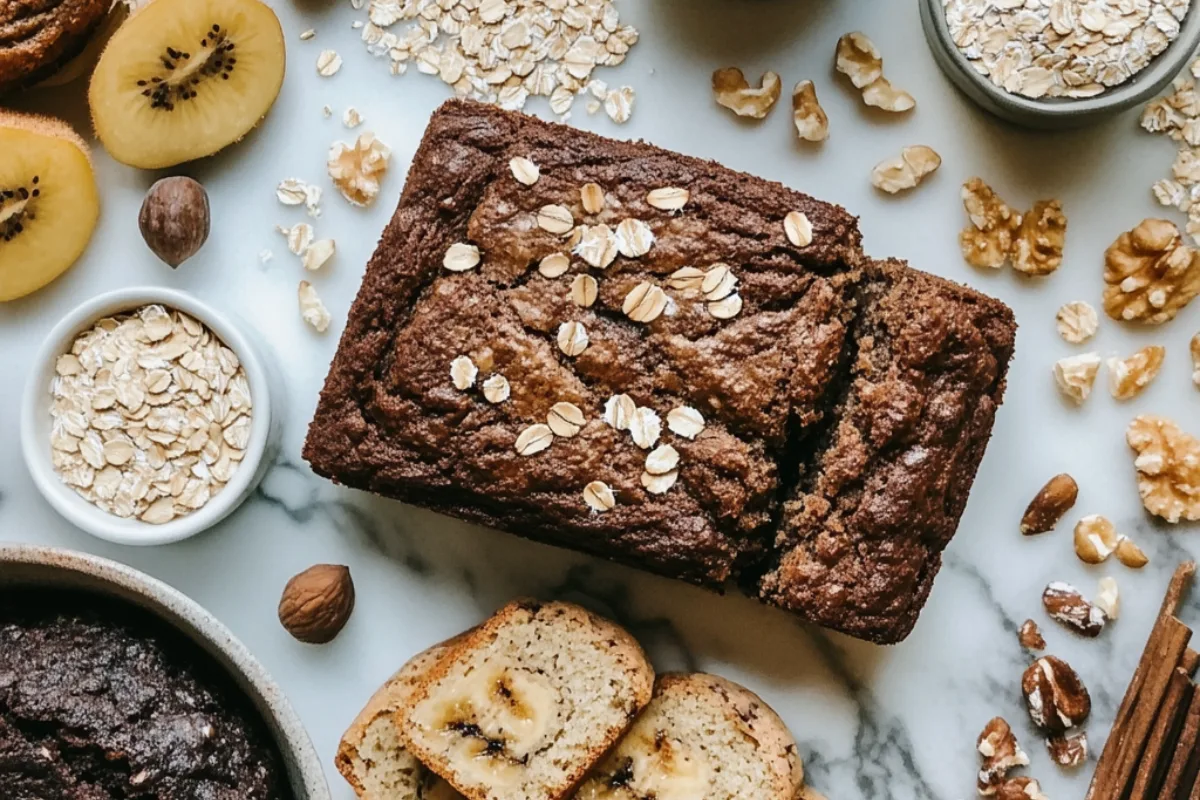 A flat-lay image of healthy baked goods, including banana bread, oat muffins, and flourless brownies, displayed on a rustic wooden table.