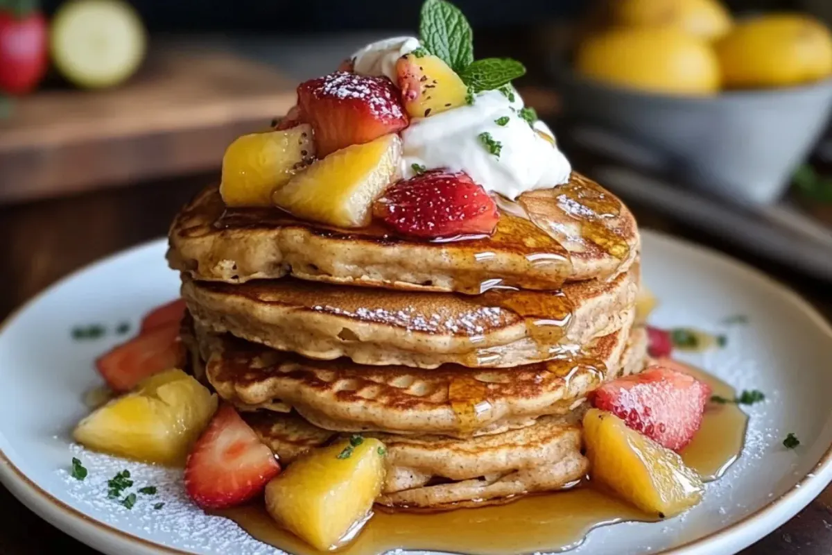 A stack of vibrant purple taro pancakes topped with fresh fruit, a drizzle of honey, and whipped cream, served on a white plate.