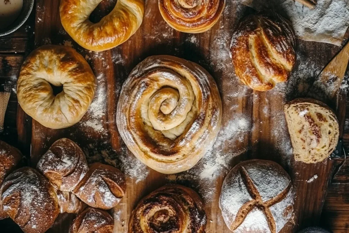 A beautifully styled flat-lay image of various rising doughs, including sourdough, cinnamon rolls, and artisan bread, with warm natural lighting.