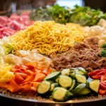 Sizzling Mongolian grill setup with meats, vegetables, and noodles cooked in a wok over high flames.