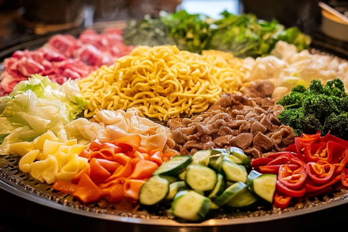 Sizzling Mongolian grill setup with meats, vegetables, and noodles cooked in a wok over high flames.